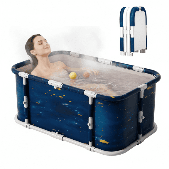 GIATUEE 45" Large Portable Folding Bathtub, Non-Inflatable Hot & Cold Soaking Bathtub for Home Use, (Cosmic Panets Blue)