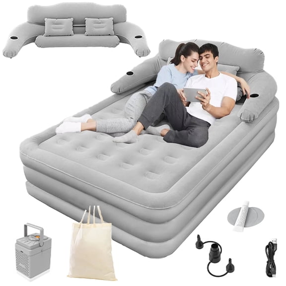 SolarSoda Easy To Store Double Inflatable Air Mattress Folding Bed, Built-In Pump Flocked Bed, Raised And Thickened Auto-Inflatable Mattress, Outdoor Camping, Home Rest, Queen size, Brown, Gray
