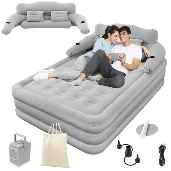 SolarSoda Easy To Store Double Inflatable Air Mattress Folding Bed, Built-In Pump Flocked Bed, Raised And Thickened Auto-Inflatable Mattress, Outdoor Camping, Home Rest, Queen size, Brown, Gray