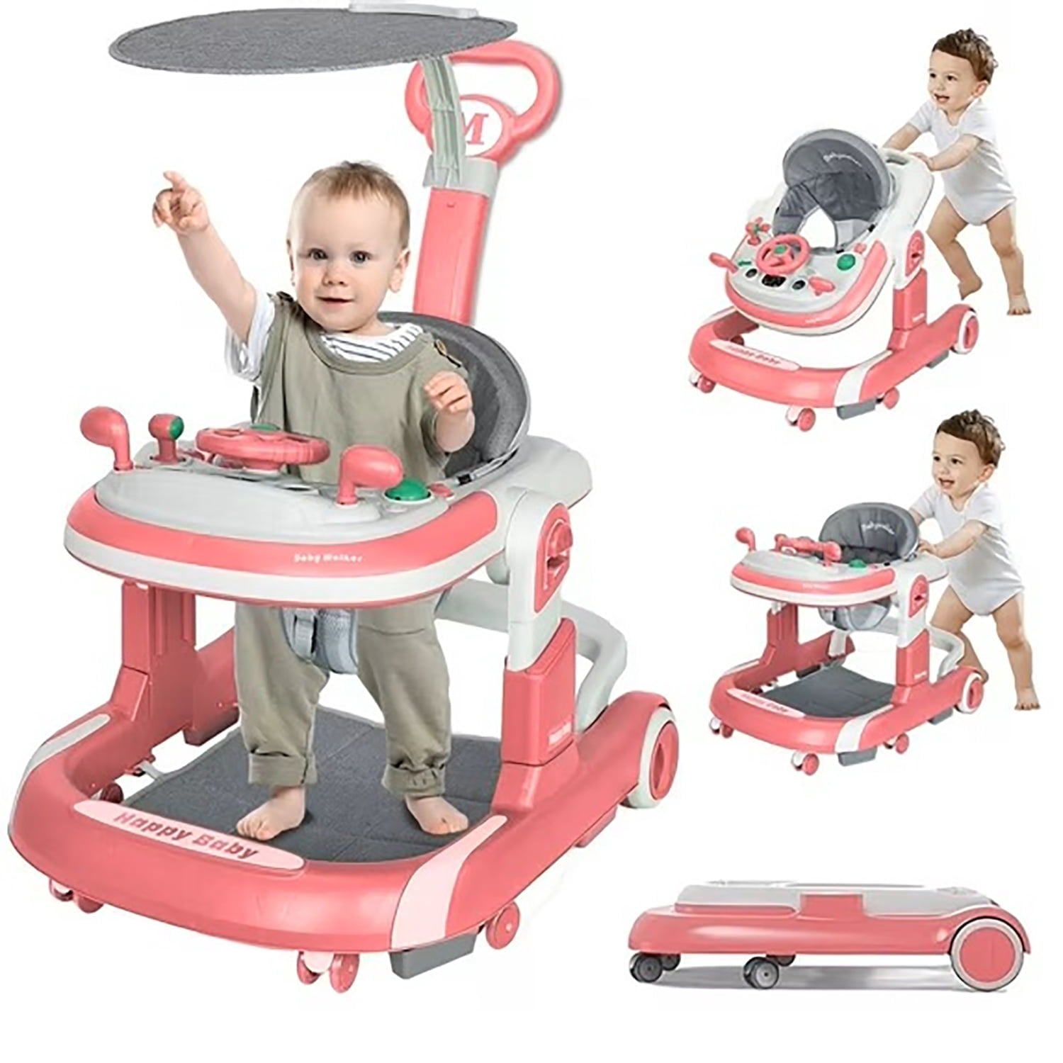 GIATUEE Foldable Baby Walker with Wheels, Infant Walker for Babies Boys Girls, Adjustable(Pink)