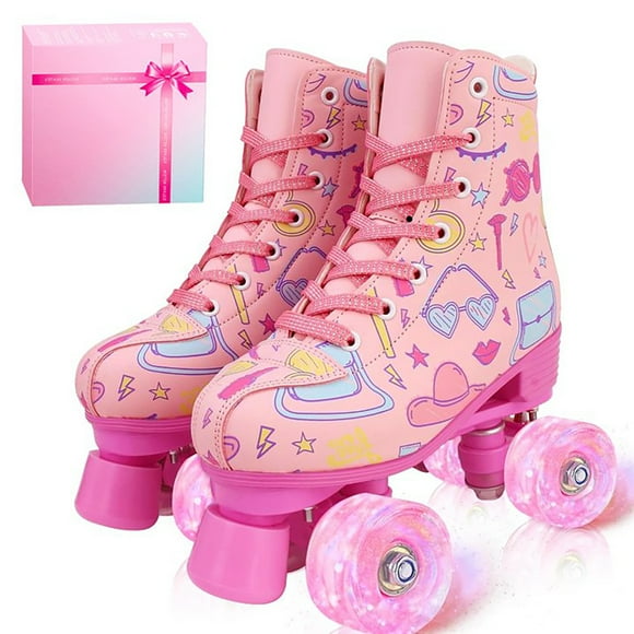 SolarSoda Kids Adult Roller Skates for Girls, Quad Skate With Light up Wheels, Pink (Women's 8)