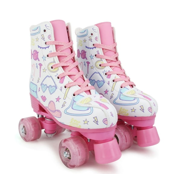 SolarSoda Kids Adult Roller Skates for Girls, Quad Skate With Light up Wheels, White (Women's 8)