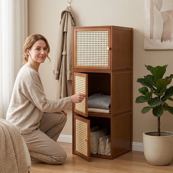 GIATUEE Solid Wood Stacking Cabinet with Doors - Large Capacity Storage Organizer for Clothing, Bedding & Home | Dust-Proof, Mildew-Proof & Easy to Assemble, Brown