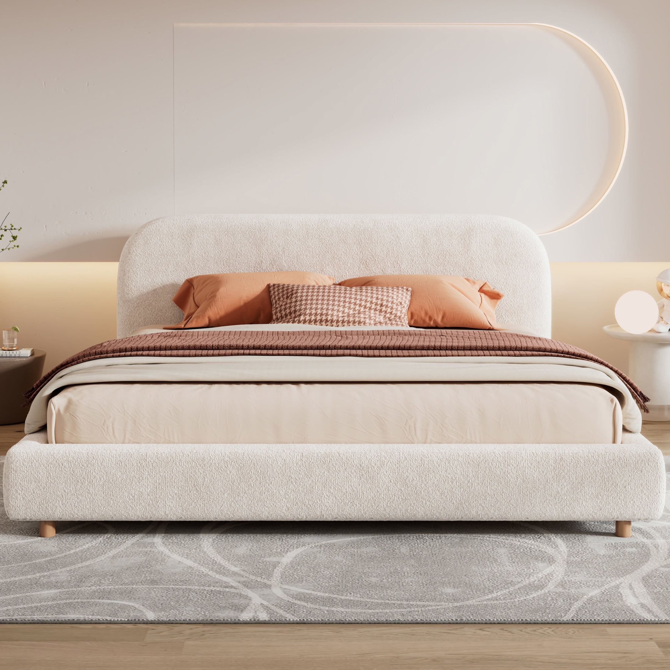 Solara King Size Upholstered Boucle Platform Bed with Headboard, White