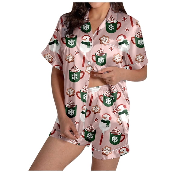 Solara Women Christmas Pajamas Set Snowmen Pjs Long Sleeve Button Down Shirt + Short 2 Piece Xmas Jammies Vacation Loungewear (Light Purple,Large)