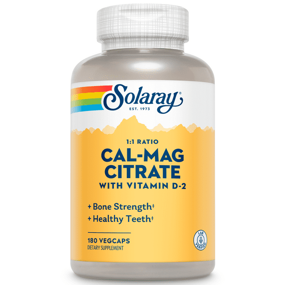 Solaray Calcium & Magnesium Citrate with Vitamin D-2, 1:1 Ratio | For Healthy Bones, Teeth, Muscle & Nervous System Function | High Absorption | 180 Count