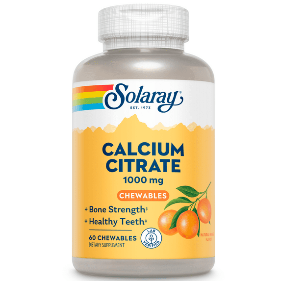 Solaray Calcium Citrate 1000mg | Natural Orange Flavor | Teeth & Bone Health, Nervous, Muscular & Cardiovascular System Support | Vegan | 60 Chewables