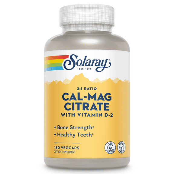 Solaray Calcium Magnesium Citrate 2:1 Ratio with Vitamin D2, Healthy Bone, Muscle & Nerve Support, 30 Serv, 180 VegCaps
