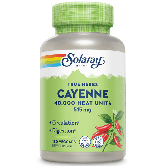 Solaray Cayenne Pepper 515 mg | 40,000 Heat Unit | Healthy Digestion, Circulation, Metabolism & Cardiovascular Support | Non-GMO | 180 VegCaps