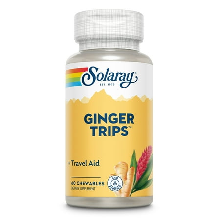 Solaray Ginger Trips Travel Aid | Root Extract | Healthy Digestive Support w/ Honey, Stevia & Molasses | 60 Chewables