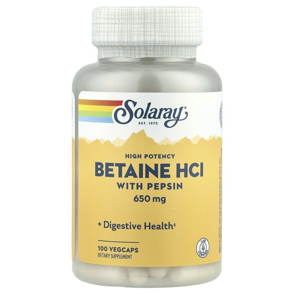 Solaray High Potency Betaine HCL with Pepsin 650 mg | Hydrochloric Acid Formula for Healthy Digestion Support | Lab Verified | 100 VegCaps