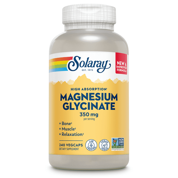 SOLARAY Magnesium Glycinate Capsules, Chelated Magnesium Bisglycinate w/BioPerine, Higher Absorption Magnesium Supplement - Bones, Muscles, Heart Support, Vegan, 60 Servings, 240 VegCaps