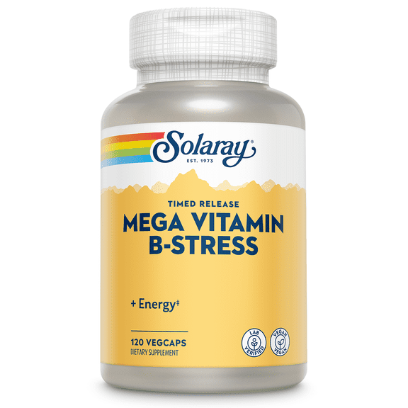 SOLARAY Mega Vitamin B-Stress - Timed Release Vitamin B Complex w/ Vitamin B12, B6, Folic Acid, Vit. C - Stress, Energy, Red Blood Cell, Immune Support - Vegan, 60-Day Guarantee (120 Count (Pack of 1))