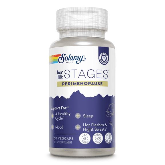 Solaray Perimenopause her life STAGES - Perimenopause Supplements Women - Hot Flashes, Menopause Support - Saffron and Chasteberry - Made Without Hormones - 60-Day Guarantee - 30 Servings, 60 VegCaps