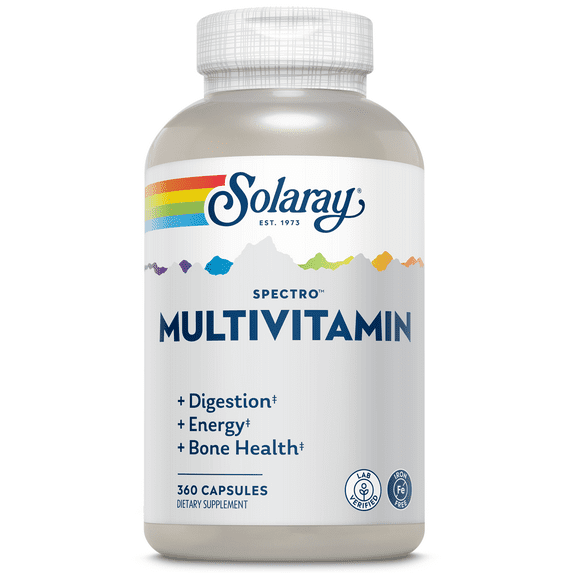 Solaray Spectro Multivitamin, w/ No Iron | Cal/Mag, Energizing Greens & Herbs w/ Digestive Enzymes | 42 Serv | 360 Caps