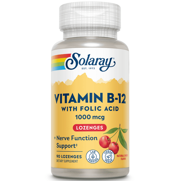 Solaray Vitamin B-12 1000mcg Lozenges with Folic Acid | Natural Cherry Flavor | Healthy Energy Support | 90CT