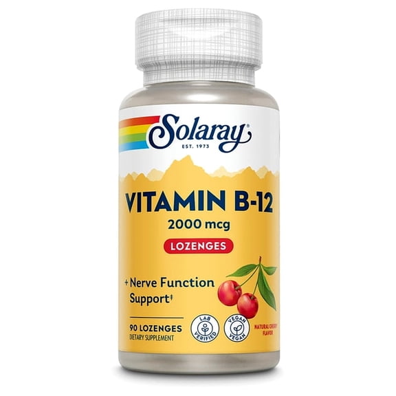 Solaray Vitamin B-12 2000 mcg, Sugar-Free Natural Cherry Flavor, Healthy Energy & Red Blood Cell Support, 90 Lozenges