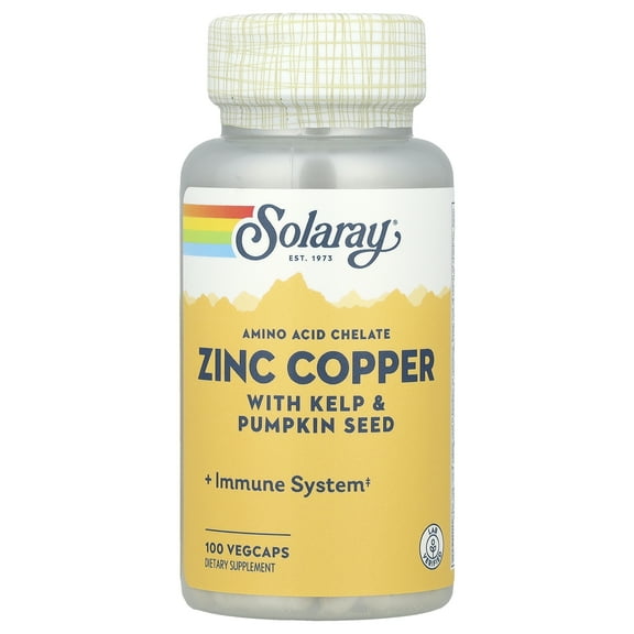 Solaray Zinc Copper Amino Acid Chelates, Healthy Cellular, Heart & Thyroid Function Support, Vegan, 100ct, 100 serv.
