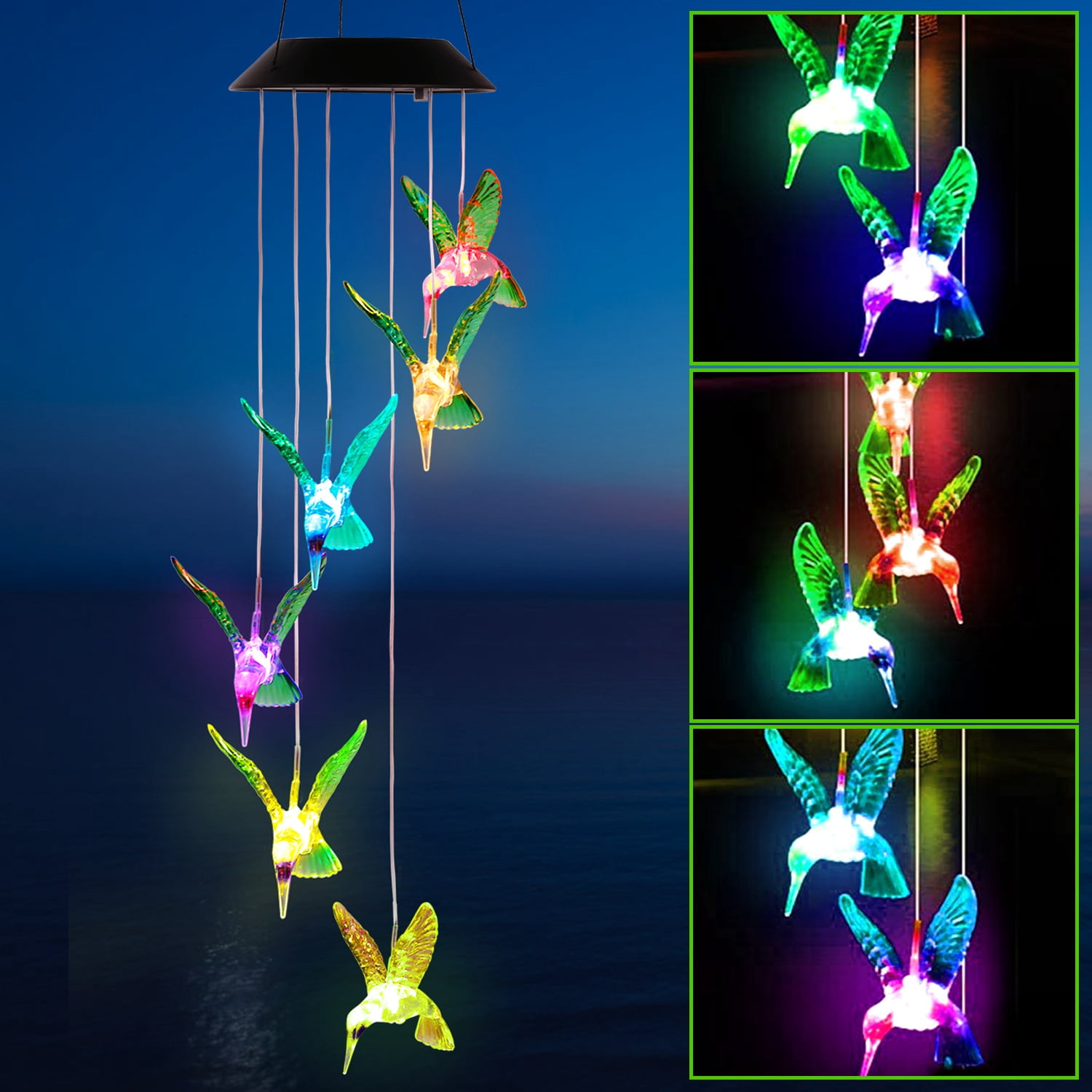 Solarek LED Solar Hummingbird Wind Chime Solar String Lights 6 LEDs  Color-Changing IP65 Waterproof Decorative Lamp Lighting for Home Garden  Fence