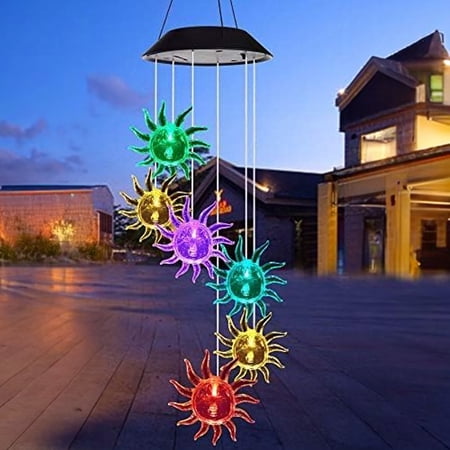 OriginalSourcing 6 Sun Solar Sunflower Wind Chimes Light, Solar Power Waterproof LED 7 Changing Light Color Windbell Lamp for Home, Patio, Party, Night Garden Decor, 2Pcs