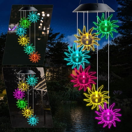 OriginalSourcing Solar Power Sunflowers Wind Chimes, 6 Small Sun LED Wind Chimes Lights Hanging Color Changing Outdoor, 2Pcs