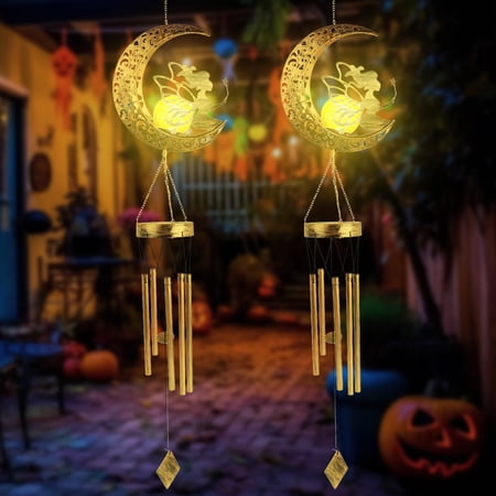 OriginalSourcing Solar Wind Chimes Lights for Outside, Solar Moon Windchimes Lights Outdoors Fairy Hanging Decor with Crackle Glass Ball for Patio Yard Halloween Decorations 2 Pcs