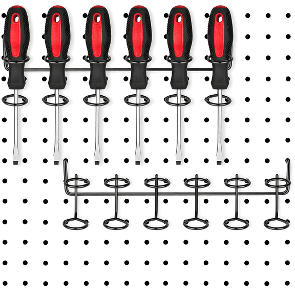 Solargess 2 Pcs Pegboard Screwdriver Holder 6-Tool Rack Multi Ring,Black|Peg Board Hooks for Garage Tool Storage,Socket Holder for Pliers Wrenches,Metal Utility Organizer Accessories