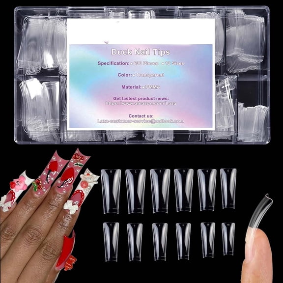 Solargess 600pcs Long Duck Nail Tips, Clear Half Cover Wide Nail Tips 41MM | Nail Tips Half Cover Fan Wide French False Nail Tips for Extension Nails Duck Nail Tips