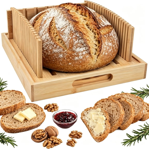 Solargess Bread Slicing Guide, Bamboo Bread Slicing Guides with Adjustable Width, Crumb Catcher & Serve Tray for Homemade Bread Cut Bread Slicer For Homemade Bread