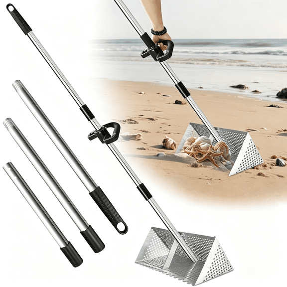 Solargess Sand Flea Rake - Heavy Duty Stainless Steel Sand Scoop Detachable 47" Long Handle Sand Sifter for the Beach with 16" Width Basket Metal Detecting Tool for Collecting Teeth