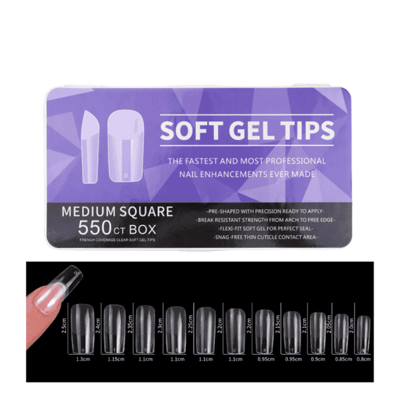 Solargess Soft Gel Nail Tips Square 550 Pcs Medium Full Cover for Soak Off Extensions Clear Pre-Buff Pmma False Press on Gelly with Case Salons and Diy Art Extensions
