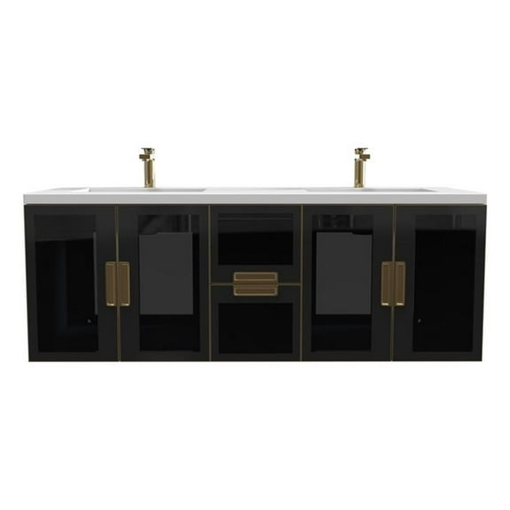 Solaria 60" Blue Wood Floating Vanity with White Top and Glass Facade