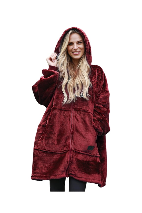 Deluxe Reversible Fleece Oversized Blanket Sweatshirt with Hood Super Soft Warm Large Plush Sleeved Throws for Adult Wom