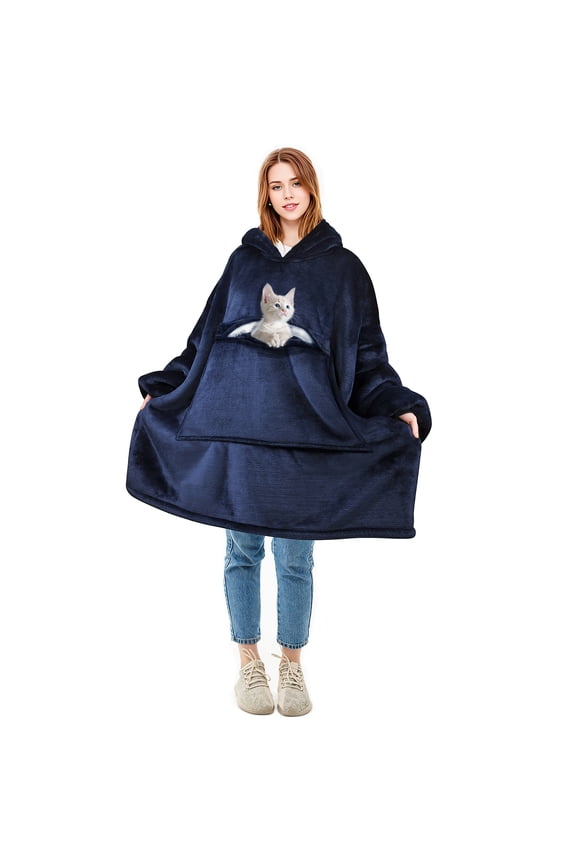 Deluxe Reversible Fleece Oversized Blanket Sweatshirt with Hood Super Soft Warm Large Plush Sleeved Throws for Adult Wom