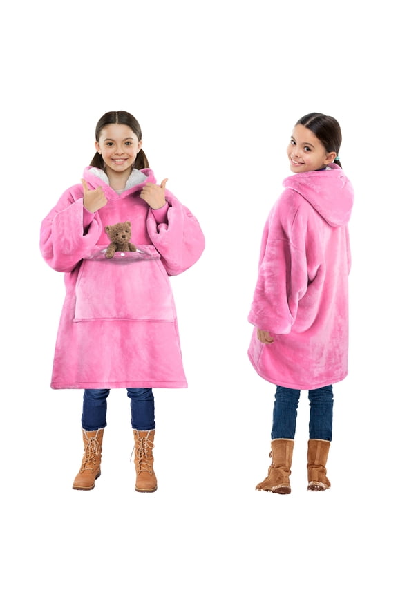 Deluxe Reversible Fleece Oversized Blanket Sweatshirt with Hood Super Soft Warm Large Plush Sleeved Throws for Kids 7–15 years old