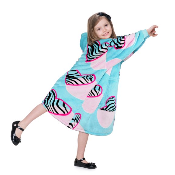 Solaris Kid's Oversized Wearable Blanket Hoodie Sweatshirt, Warm Comfortable Sherpa Fleece Pullover with Large Front Pocket for Teens (7-16 yr) Youth Boys, Girls, Blue Zebra Heart