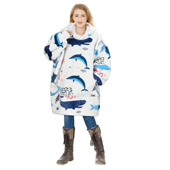 Solaris Kid's Oversized Wearable Blanket Hoodie Sweatshirt, Warm Comfortable Sherpa Fleece Pullover with Large Front Pocket for Teens (7-16 yr) Youth Boys, Girls, White Ocean