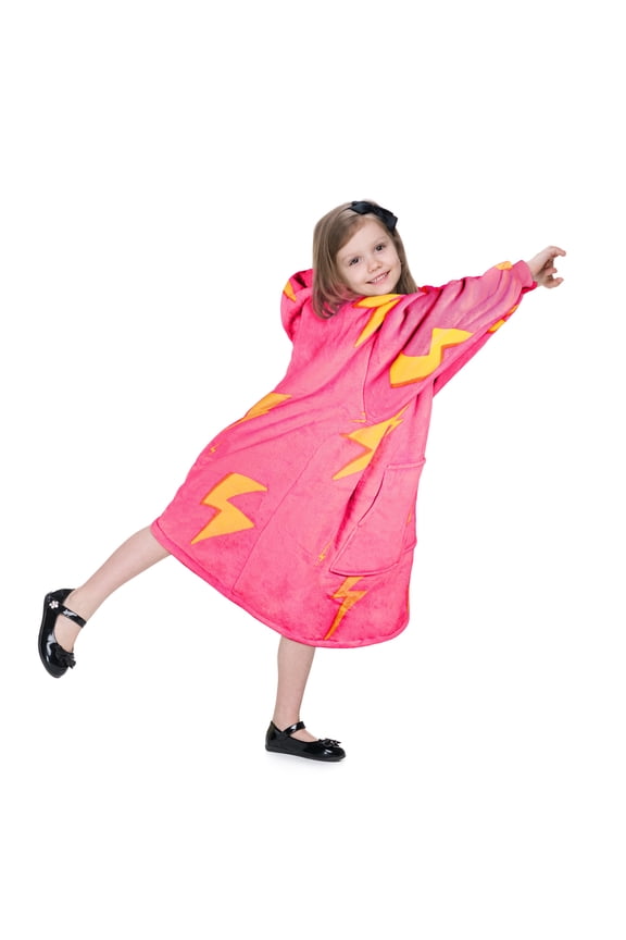 Kid's Oversized Wearable Blanket Hoodie Sweatshirt, Warm Comfortable Sherpa Fleece Pullover with Large Front Pocket for Teens (7-16 yr) Youth Boys, Girls, Pink Thunder