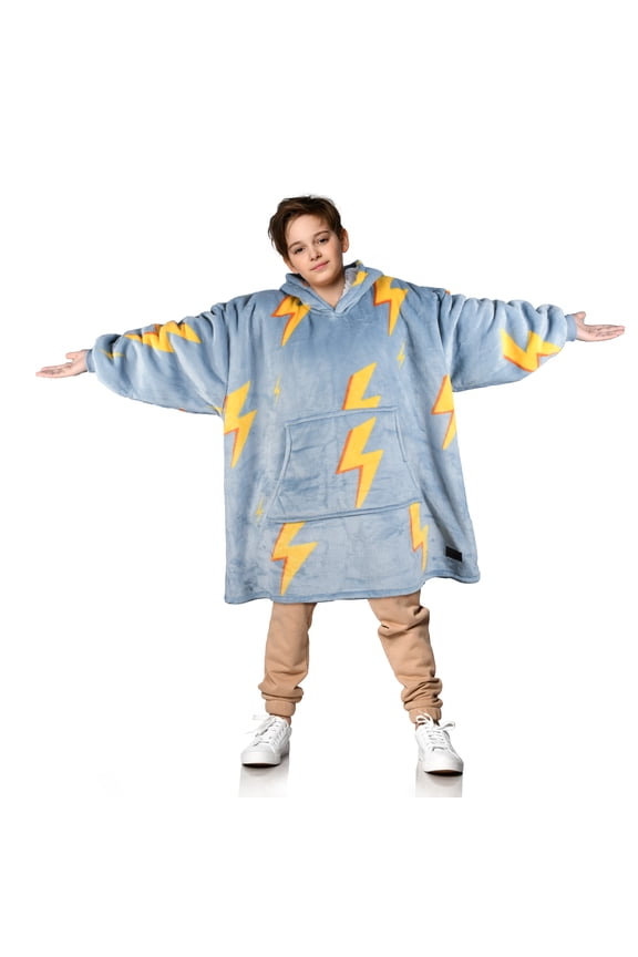 Kid's Oversized Wearable Blanket Hoodie Sweatshirt, Warm Comfortable Sherpa Fleece Pullover with Large Front Pocket for Teens (7-16 yr) Youth Boys, Girls, Grey Thunder