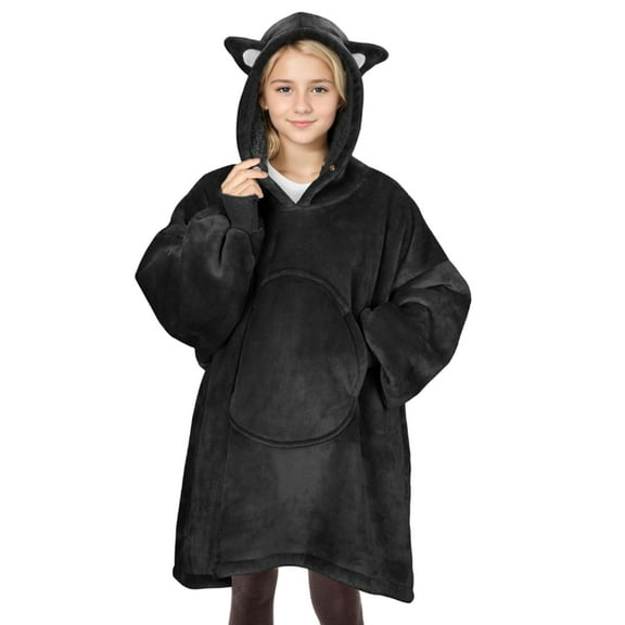Solaris Kid's Oversized Wearable Blanket Hoodie Sweatshirt, Warm Comfortable Sherpa Fleece Pullover with Large Front Pocket for Teens (7-16 yr) Youth Boys, Girls, Black Cat