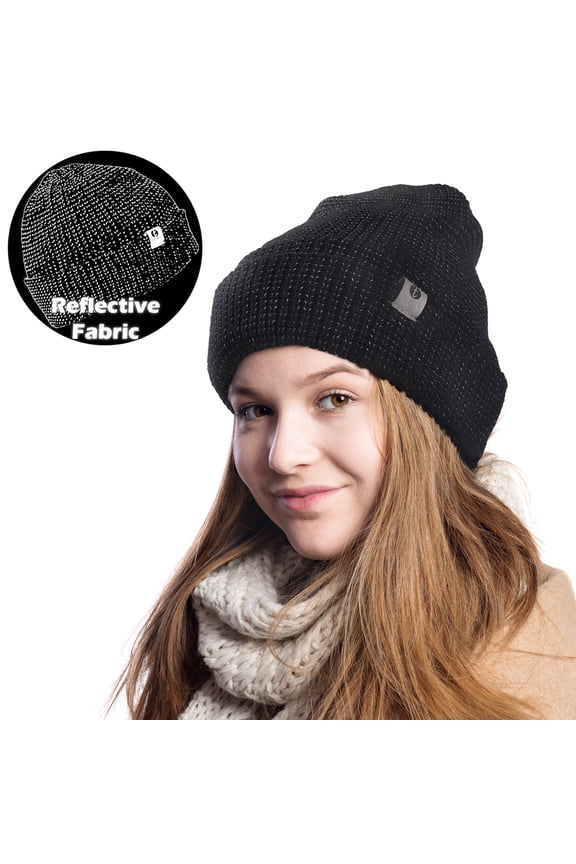 Kids' Reflective Running Beanie, Warm, Thick Winter Knit Skull Beanie for Men and Women, Enhanced Safety for Walking at Night