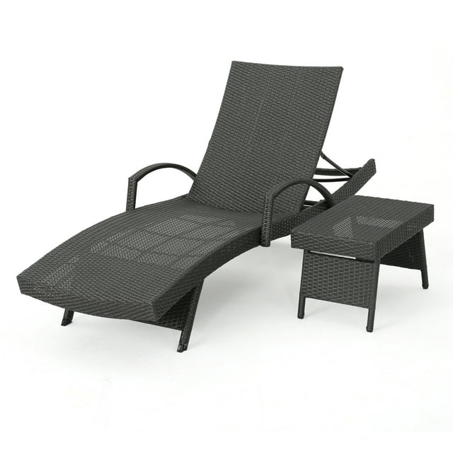 Solaris Outdoor Grey Wicker Armed Chaise Lounge with matching Wicker Accent Table, Grey