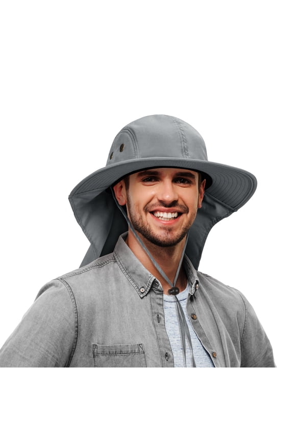 UPF 50+ Sun Hat for Men and Women, Wide Brim Fishing Hat with Neck Flap and Adjustable Chin Cord, Gray