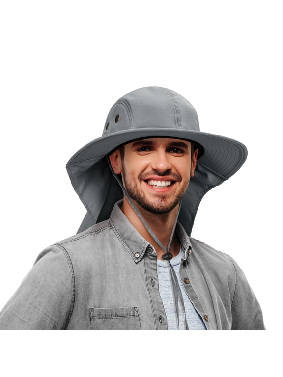 UPF 50+ Sun Hat for Men and Women, Wide Brim Fishing Hat with Neck Flap and Adjustable Chin Cord, Gray