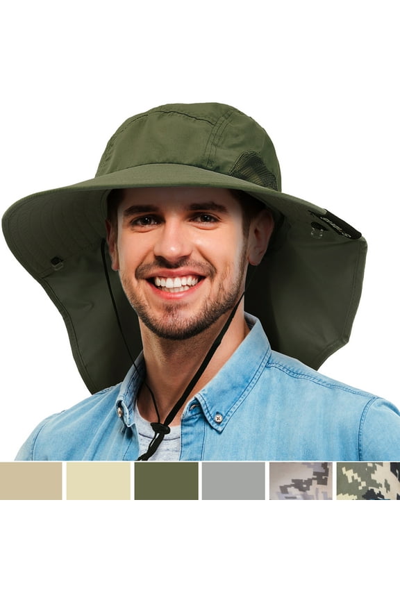 Polyester Unisex Wide Brim Sun Hat ,with Neck Strap , for Outdoor Hiking, Camping,Gardening,Fishing Safari Caps,Green