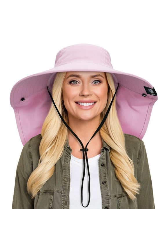 Polyester Unisex Wide Brim Sun Hat ,with Neck Strap , for Outdoor Hiking, Camping,Gardening,Fishing Safari Caps,Pink