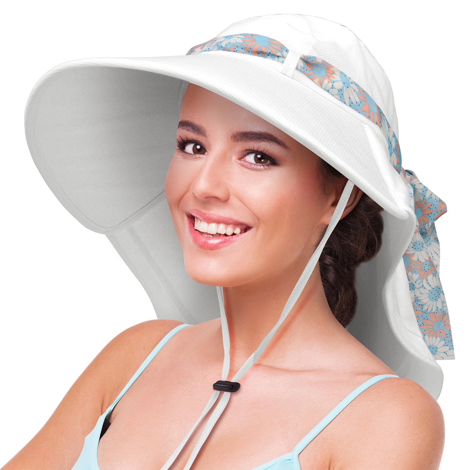 Solaris Sun Hat for Women Neck Flap Wide Brim UV Protection UPF 50+  Foldable Fishing Cap with 2 Replaceable Ribbon For Outdoor  Camping,Travelling,Hiking,White 
