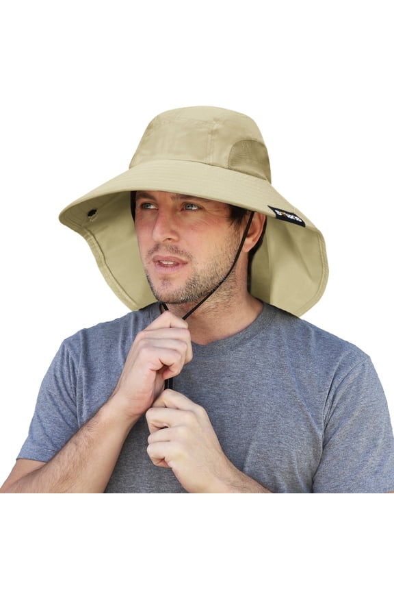 Men's Outdoor Wide Brim Sun Hats with Neck Flap Blocking UV Protection Cap UPF 50+ Foldable Mesh Net for Fin