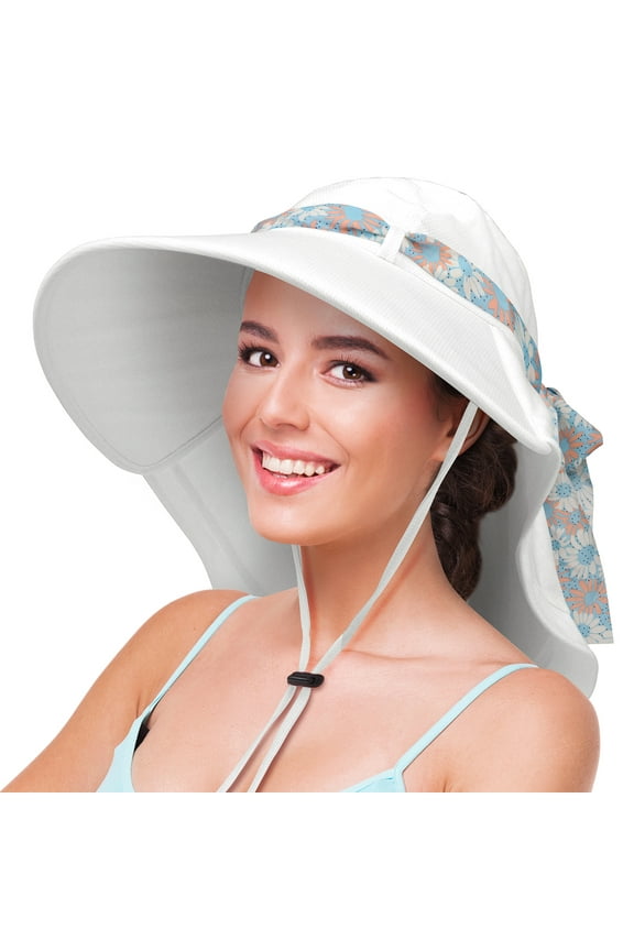 Sun Hats for Women with Neck Flap, Wide Brim, UV Protection UPF 50+, Foldable Fishing Cap with 2 Replaceable Ribbons for Outdoor Camping, Traveling, and Hiking, White