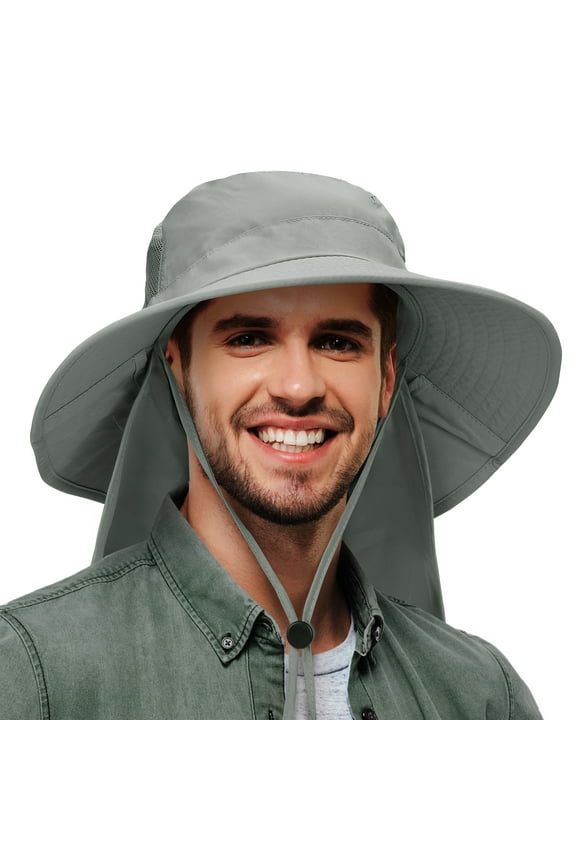 Sun Hats for Men with Neck Flap, Wide Brim Fishing Safari Hiking Hat, UPF 50+ Protection, Adjustable Chin Strap, Gray